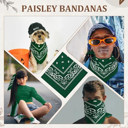 12 Pack Bandanas Unisex Paisley Cowboy Bandanas Bulk Multi Purpose Headband Scarf for Men Women Costume - color: Dark Green, style: Classic