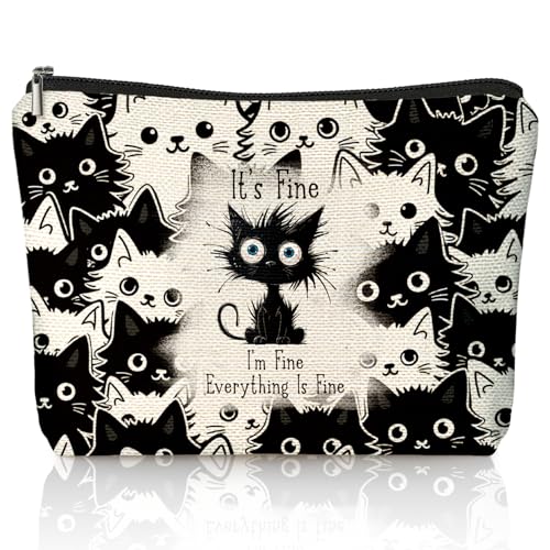 Funny Cat Makeup Bag for Women & Teen Girls, It's Fine I'm Fine Everything Fine Travel Pouches for Toiletries, Kitty Cosmetic Zipper Travel Toiletry Bag, Cute Black Cat Gifts for Cats Gifts Lovers - color: 02-Cat(04)
