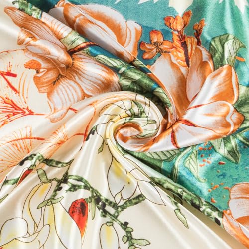 RIIQIICHY Head Scarf for Women Like Silk Scarf Hair Scarf Printed Square Scarf Bandanas for Women 35 Inches - color: Navy/Orange/Yellow/Cream
