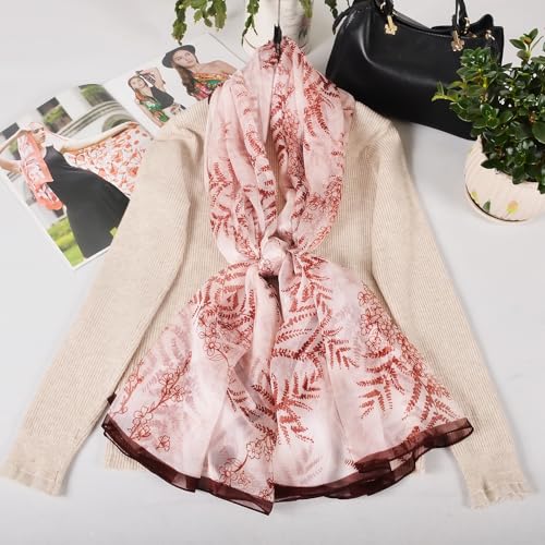 100% Mulberry Silk Women's Neck Silk Scarf-Lightweight Shawl,FLoral Print Beach Silk Wrap-Scarves for Photography - color: Burgundy Leaves