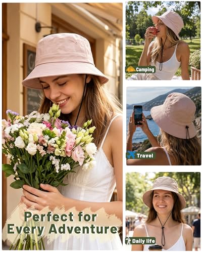 Water-Resistant Bucket Hat for Women Men Rain Hat UPF 50+ Boonie Sun Hat Foldable Summer Floppy Fishing Safari Hats - color: Dusty Rose