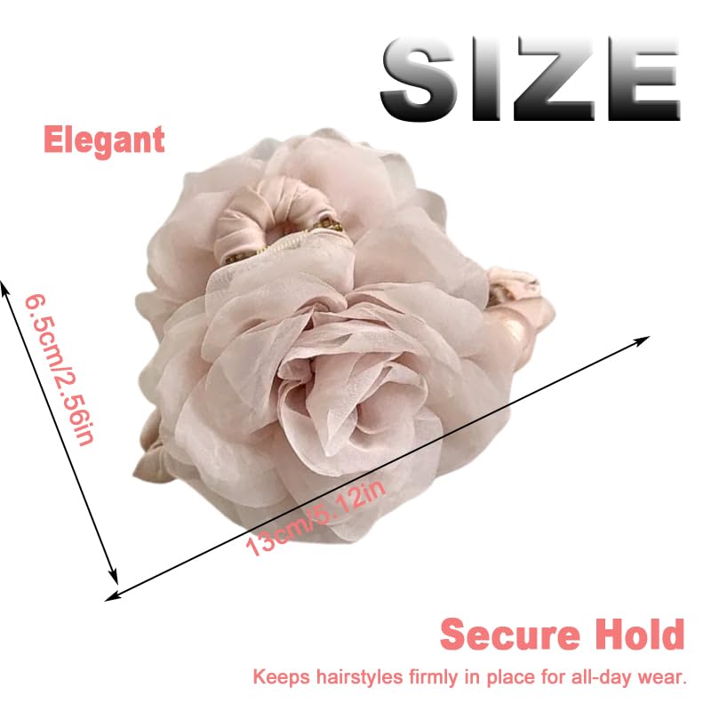 Large Chiffon Rose Flower Hair Claw Clips Boho Mesh Floral Hair Pins Barrettes Strong Hold Non-Slip Beach Vacation Hair Accessories for Women (White Large Chiffon Claw with Pearl) - color: White Large Chiffon Claw with Pearl