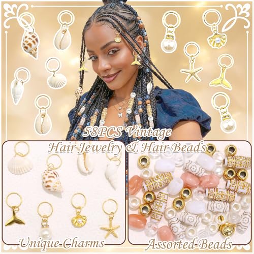 NAISKA 58PCS Seashell Hair Jewelry for Braids Gold Starfish Loc Charms Vintage Hair Beads Dreadlock Long Tube Beads for Hair Pearl Braid Pendent 15 Styles Braids Accessories for Women Girls - color: Pink&White&Gold