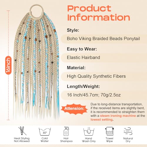 SEIKEA Boho Braided Ponytail Extension on Hair Tie, 16" Full Volume Lightweight Viking Dreadlock Ponytail Braid in Dreadlock Extensions with Beads and Shells, Festival Hair Accessories for Women Girls - color: Platinum with Aqua Pop