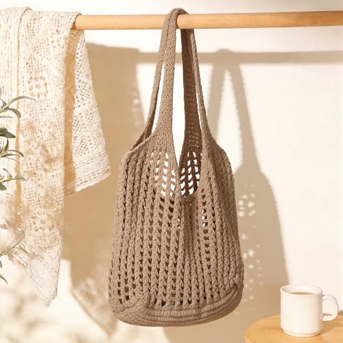 Tavaleu Crochet Tote Beach Bags for Women, Mesh Beach Tote Knit Bag, Summer Vacation Aesthetic Boho Hobo Shoulder Bag - color: Dark Khaki - Grid