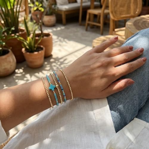 Gold Beaded Cross Bracelet for Women, 14K Plated Adjustable Stackable Dainty Bracelets, Non Tarnish Fashion Jewelry Set Gifts for Women Birthday Friendship - color: Colors-6
