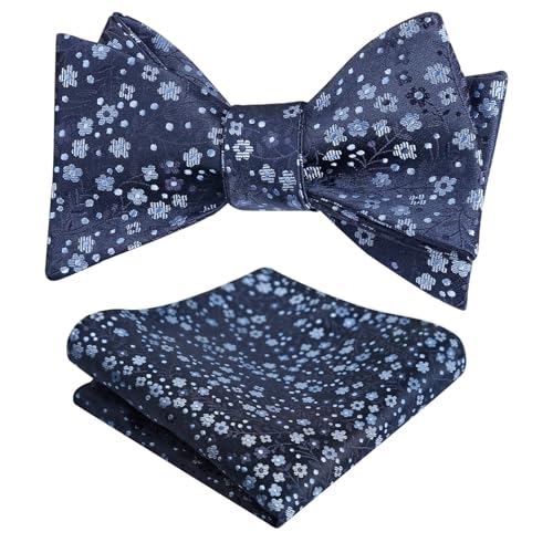Alizeal Mens 2pcs Classic Floral Pattern Self-tied Bow Tie and Handkerchief Set - color: 045-navy+light Blue