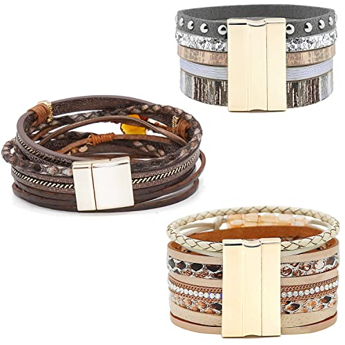 Leather Wrap Bracelet Set 3Pack Wrist Cuff Bracelet for Women Multilayer Magnetic Clasp Bracelet Feather Tree Bead Crystal Bracelet - color: Crystal Tassel