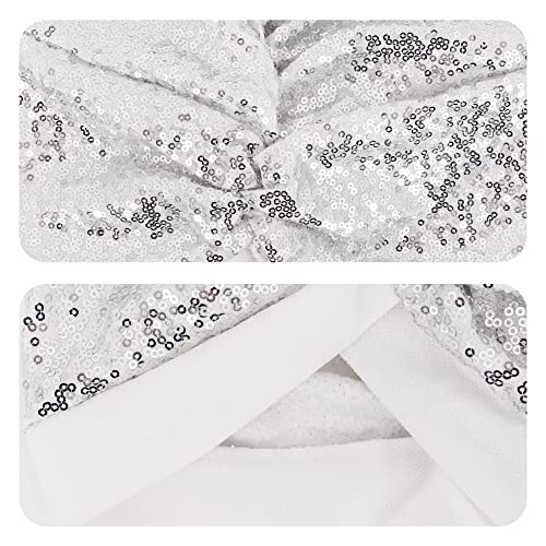 Erinaco Women Sparkle Sequin African Turban Bow Knot Pre-Tied Cap Pleated Ruffle Bonnet Beanie Hat Headwrap Skull Caps - color: Sparkle White