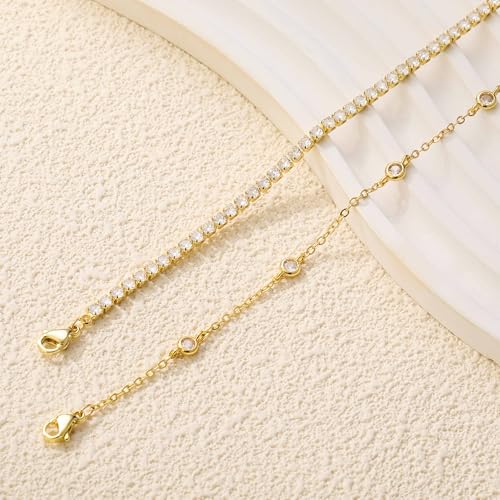 RLMOON Gold Silver Anklets for Women CZ Ankle Bracelet 14K Gold Plated Waterproof Layered Stackable Clover Butterfly Tennis Chain Anklet Trendy Summer Beach Foot Jewelry - color: E:Tennis Anklet Gold