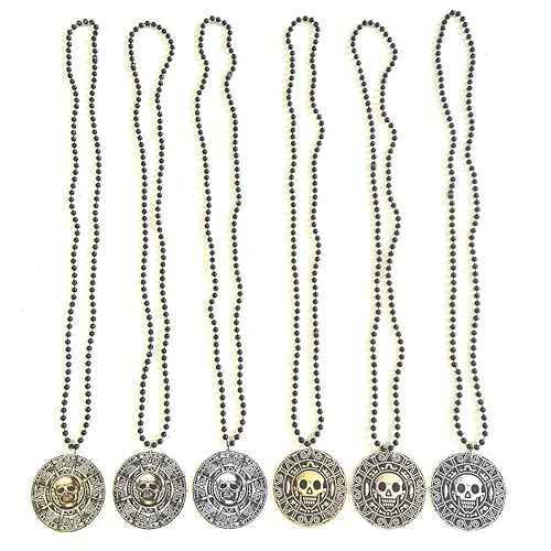 6 Pcs Halloween Pirates Coin Beads Necklaces Pirate Festival Pendant Skull Necklaces Props Party Decorations