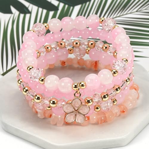 coadipress 5Pcs Bohemian Flower Stackable Bead Bracelets for Women Multilayer Crystal Glass Beaded Charm Bangles Bracelet Boho Summer Beach Hawaii Holiday Statement Jewelry - color: Pink