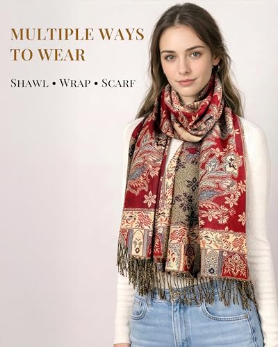Achillea Elegant Paisley Floral Pashmina Shawl and Wrap – Boho Rave Scarf for Festival, Travel & Everyday Wear - color: Red Black