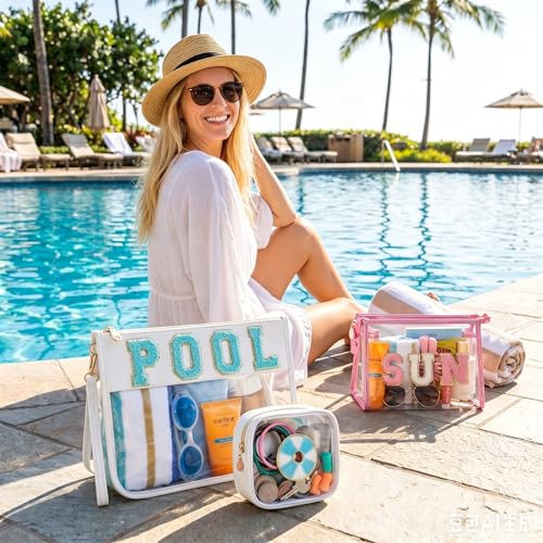 Hillban 2 Pcs Pool Bag Makeup Cosmetic Bag Clear Sunscreen Toiletry Zipper Pouch Beach Travel Summer Stuff Preppy Chenille Letter Patch Pouch PVC Waterproof Organizer Storage Mini Purse for Women - style: Pool Theme