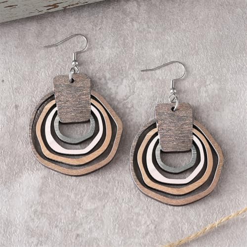 Wooden Geometry Circle Earrings for Women Bohemian Vintage Lightweight Wood Dangle Earrings Handmade Multilayer Earrings