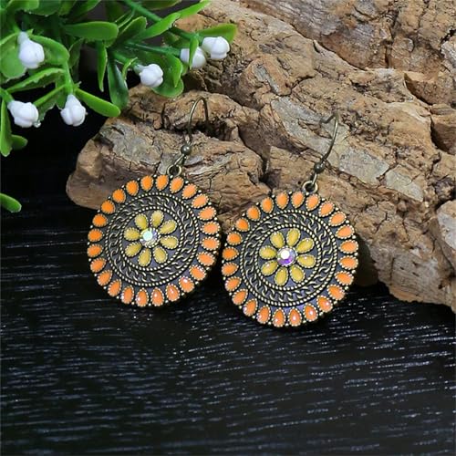 MALOYANVE Vintage Boho Circular Flower Dangle Earring, Handmade Bronze Tribal Round Enamel Floral Drop, Bohemian Ethnic Statement Jewelry Gift for Women - color: Orange