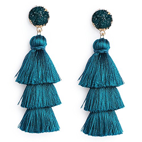 Me&Hz Colorful Layered Tassel Earrings Bohemian Statement Tiered Tassel Big Dangle Drop Earrings for Women Druzy Studs Valentine’s Day Gift - color: Peacock blue