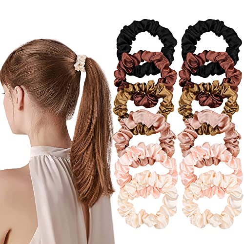 Satin Silk Hair Ties Small Mini Scrunchy for Women Cute Ponytail Holders Mini Bulk Scrunchies Elastic Hair Bands for Thick Curly Hair Pony Tails Hair Ties (12 Pcs) - color: Pink-brown