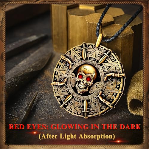 UNKENBO® Midnight Red-Eye Glow Special Edition Pirate Necklace for Men Women - Cursed Skull Pirate Accessories, Authentic Double-Sided Antique Brass Medallion Jewelry, Halloween Cosplay Necklace - color: Glowing Red Eyes