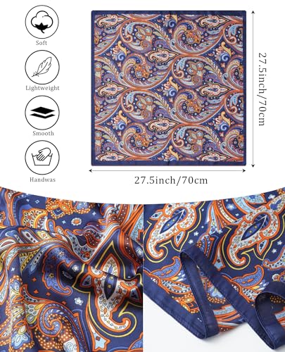 AWAYTR 27.5” Silk Satin Square Head Scarf - 4PCS Satin Head Scarves for Women Hair Kerchief Bandanas Sleeping Head Wraps - color: Cashew(flower(hot Pink/Navy/Orange/Yellow))