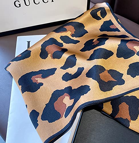 JERLA 100% Pure Mulberry Silk Square Scarf for Hair-27''x27'' Women Men Natural Silk Neckerchief Headscarf - color: Leopard Brown