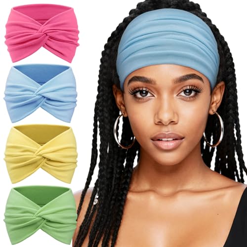 AQOKKA Extra Wide Headbands for Women Large Turban Headband Non Slip Boho Elastic Hairband Hair Twisted Knot Head Bands Accessories - color: 4 Pcs Solid: Rose Red, Light Blue, Light Yellow, Grass Green