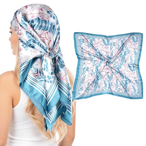 Pistha Head Scarf Bandana for Women, Satin Scarf for Hair, Large Square Silk Bandana Headscarf for Women and Men 35 Inch - style: Flower-light Blue