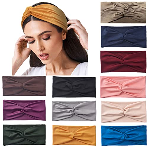 Yeshan 12 Pack Wide Twist Headbands for Women No slip Turban Headband Stretchy Criss Cross Head bands Yoga Workout Sport Hair bands Solid colors Bandana Headbands - color: No9(Mixed 12 pcs)