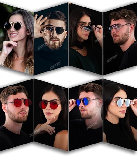 AIEYEZO Round Flip Up Sunglasses for Men and Women Rave Flip Glasses 90's Retro Steampunk Style - color: Black/Ice Blue Mirror