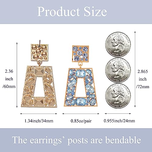 Rhinestone Rectangle Statement Earrings Colorful Crystal Geometric Drop Dangle Earrings for Women Prom Party - color: Light Blue