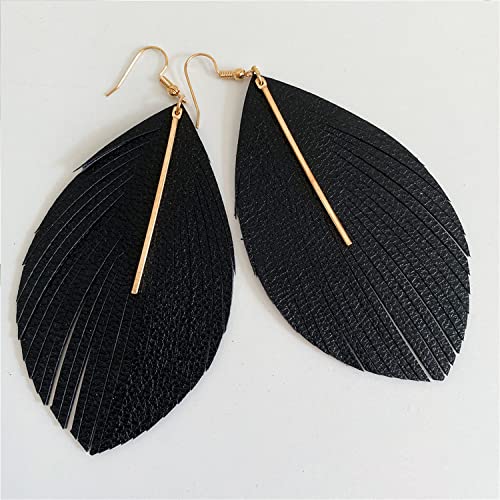 Minimalist Handmade Lightweight Large Soft Faux Leather Fringe Feather Dangle Drop Earrings Bohemian Huge Leaf Hook Earrings with Bar for Women - color: Black