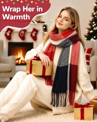 Loritta Womens Scarf Fashion Long Plaid Shawls Wraps Big Grid Winter Warm Lattice Large Scarves Gifts - color: A- Red Navy Lattice
