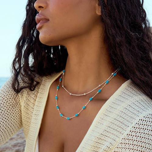 Created Turquoise Necklace for Women 14K Gold Plated Beaded Heart Choker Boho Necklaces Handmade Beach Summer Everyday Western Jewelry Gifts - color: Silver Chain, style: Oval