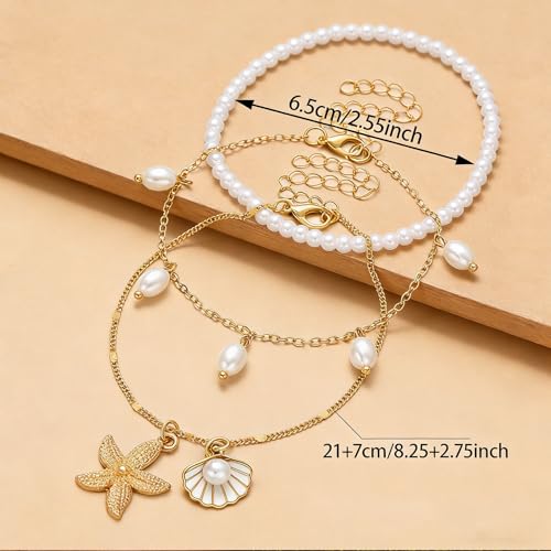 Boho Multilayer Anklet for Women Beach Shell Starfish Pearl Beaded Ankle Bracelets Adjustable Waterproof Summer Foot Chain Jewelry - color: Gold starfish