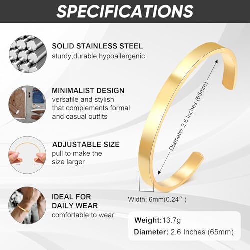 MEALGUET Stainless Steel Mens Cuff Bracelet : Minimal Cool Silver/Black/Gold Plated Open Metal Cuff Bangle Bracelets for Men,Mens Bracelet Jewelry Gift - color: Gold Plated-Single, size: Medium( fit 5.5"-7.2" wrist)