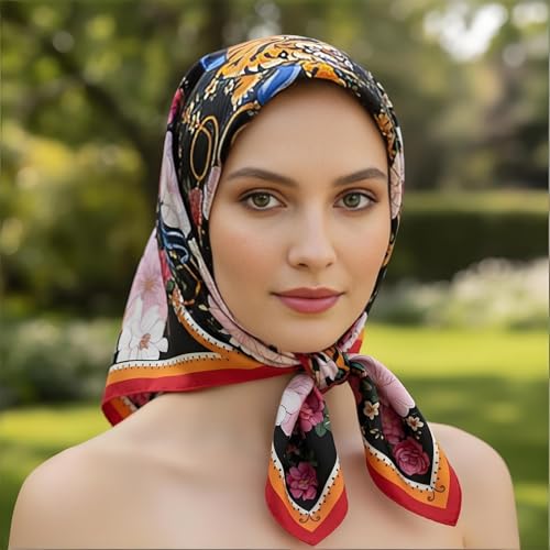 Premium Floral Scarf for Women 35x35 Square Silk Feel-Lightweight Scarves Headscarf Bandanas Wrapping Handbag - color: Tiger