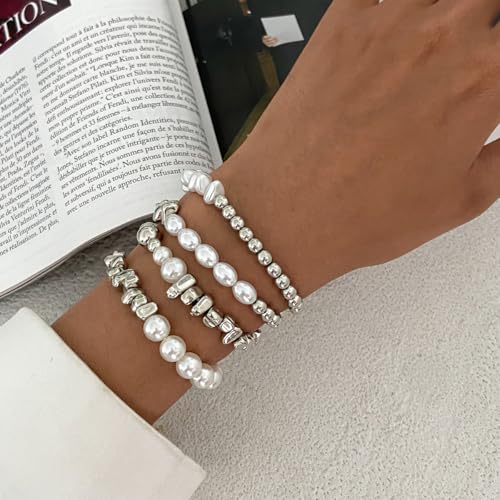 VIBILIA Gold Beaded Bracelets Set for Women 14K Gold Plated Dainty Pearl Cross Bracelet Stack Stretch Bracelet Set Fashion Accessories Gifts - color: 4P-#02-BK-Silver