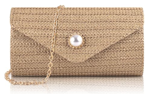 PACETAP Straw Clutch Purse for Women, Pearl Decoration Boho Crossbody Bags, Evening Clutch Purses Handbags for Wedding Party Cocktail Prom Dinner(Dark brown) - color: Straw Dark Brown