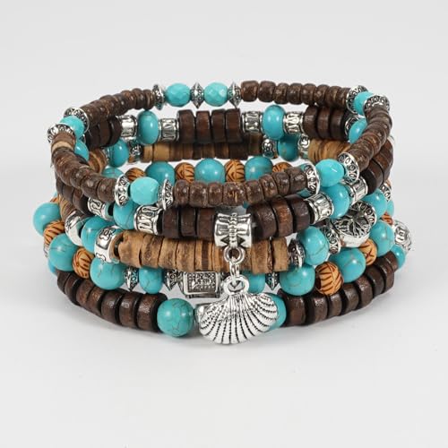 COLORFUL BLING Boho Turquoise Wooden Beaded Stretch Bracelets Stackable Turtle Butterfly Elephant Shell Heart Charms Bracelet for Women Men Western Jewelry Gifts - style: Set 4