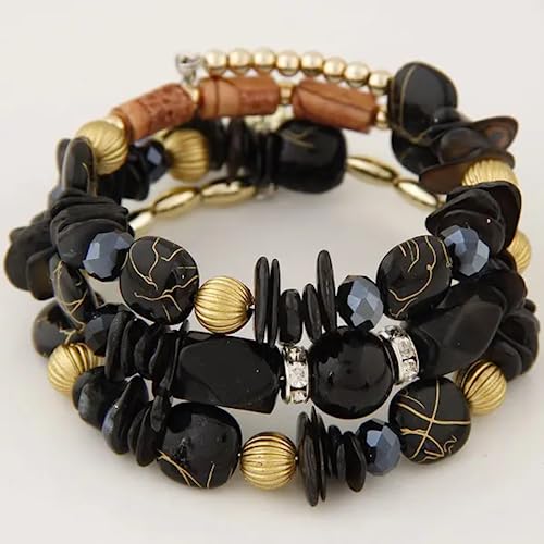 Women Beaded Bracelet Set | Colorful Boho Stackable Trendy Design with Crystal Accents Multilayer Bangle Bracelet | Fashion Stretch Braclets Jewelry for Women - color: Black.
