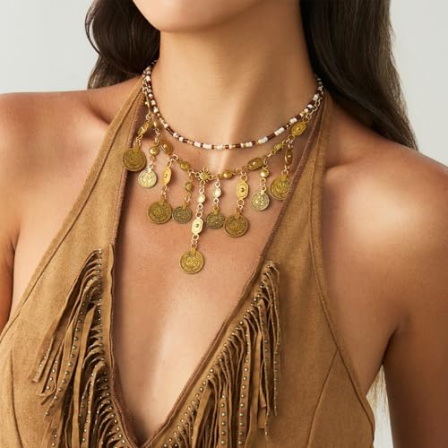 MIFYNN Boho Coin Charm Necklace for Women Pirate Necklace Gypsy Necklace Layered Coin Beaded Pendant Necklace Ethnic Gypsy Costume Accessories - style: A.