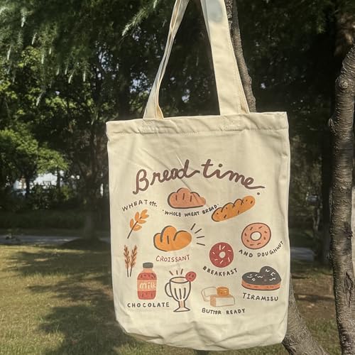 Canvas Tote Bag with Zipper for Women, Aesthetic Tote Bag with Pocket for Vacation, Shopping, Travel, Beach - style: Bread Time
