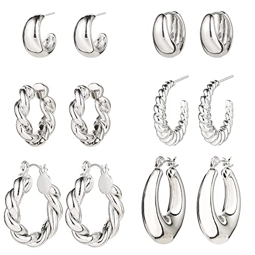 HILXURY Gold Chunky Hoop Earrings Set for Women, 14K Gold Plated Twisted Huggie Hoop Earring Hypoallergenic, Thick Open Hoops Set Lightweight - color: 6 Silver hoops