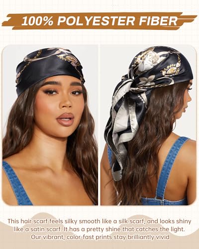 Mesovor 35” Square Head Scarf for Women, 3 Pack Like Silk Satin Headscarf Hair Neck Scarf Top Bandanas for Sleeping - color: Floral (Black/Camel/Beige)