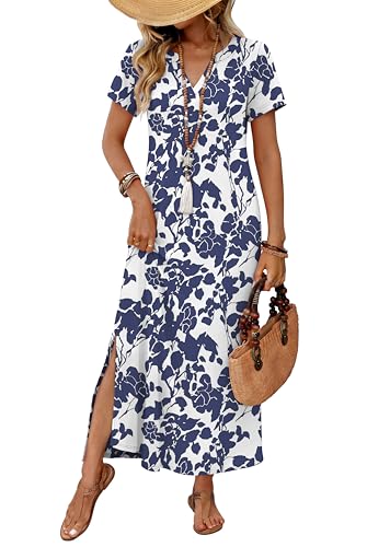 OFEEFAN Summer Dresses for Women 2026 Maxi Dress Short Sleeve Sundresses with Pockets Beach Vacation Spring Outfits - color: Floral Blue, size: Small