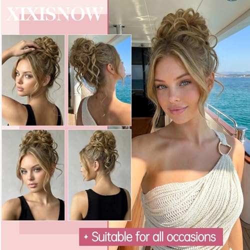 Messy Bun Piece Human Hair for Women Tousled Updo Extension Wavy Curly Buns Scrunchie with Tendrils, Natural Full Chignon Hairpiece for Thin Fine Hair Ladies Dirty Blonde 33g - color: Golden Honey Blonde