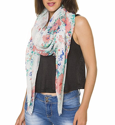 MELIFLUOS DESIGNED IN SPAIN Scarf for Women Lightweight Floral Flower Scarves for Summer Fall Shawl Wrap - color: Barcelona Collection 1 - White Floral