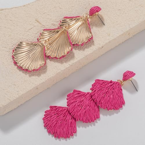 Boho Raffia Earrings Starfish Shell Seashell Dangle Drop Earrings Cute Statemnet Trendy Jewelry Summer Beach Outfits for Women - color: Hot Pink, size: Shell