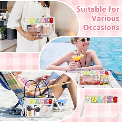 Clear Snack Bag for Travel, Chenille Letter Clear Zipper Snacks Pouch Nylon Cosmetic Bag Makeup Travel Bag for Women - color: White