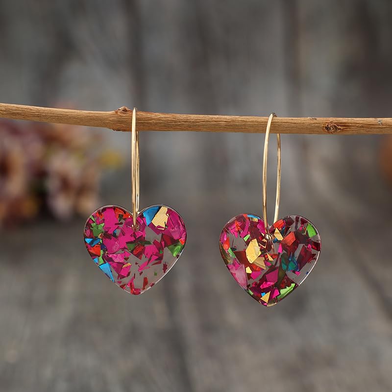 Colorful Shiny Love Heart Dangle Earrings Handmade Lightweight Glitter Acrylic Heart Shaped Hoop Earrings for Women Lovers Valentine's Day Mothers Day Party Jewelry Gifts - style: StyleA